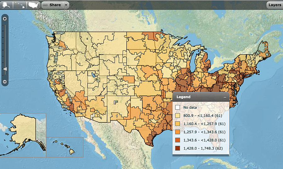 A map showing variation in hospital admissions per 1,000 decedents during the last six months of life. (Credit: Dartmouth Atlas)